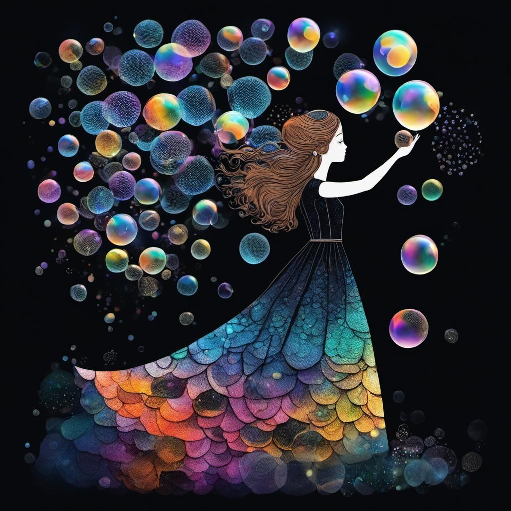 Girl Blowing Bubbles in Cosmic Folk Art Style
