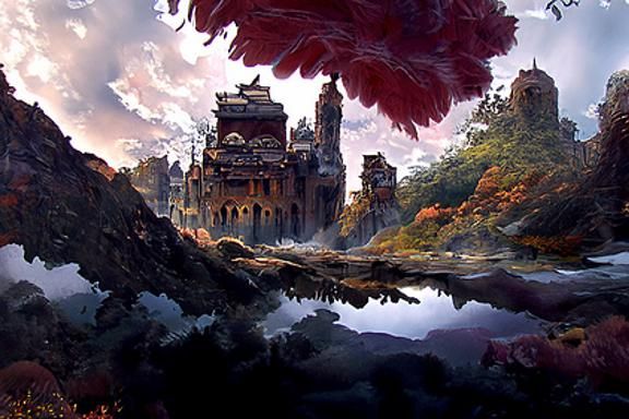 Ruined Castle with Dragon, Epic Fantasy Art
