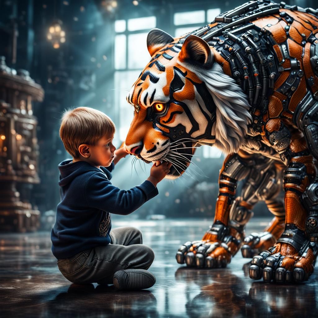 Boy and Cyborg Tiger in Hyperrealistic Style