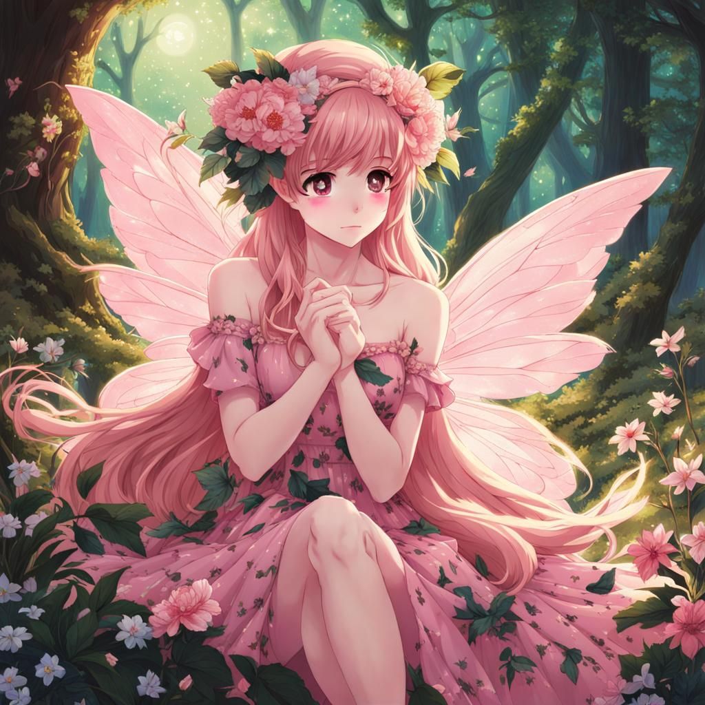 Pink Fairy and Satyr in Anime Style Forest