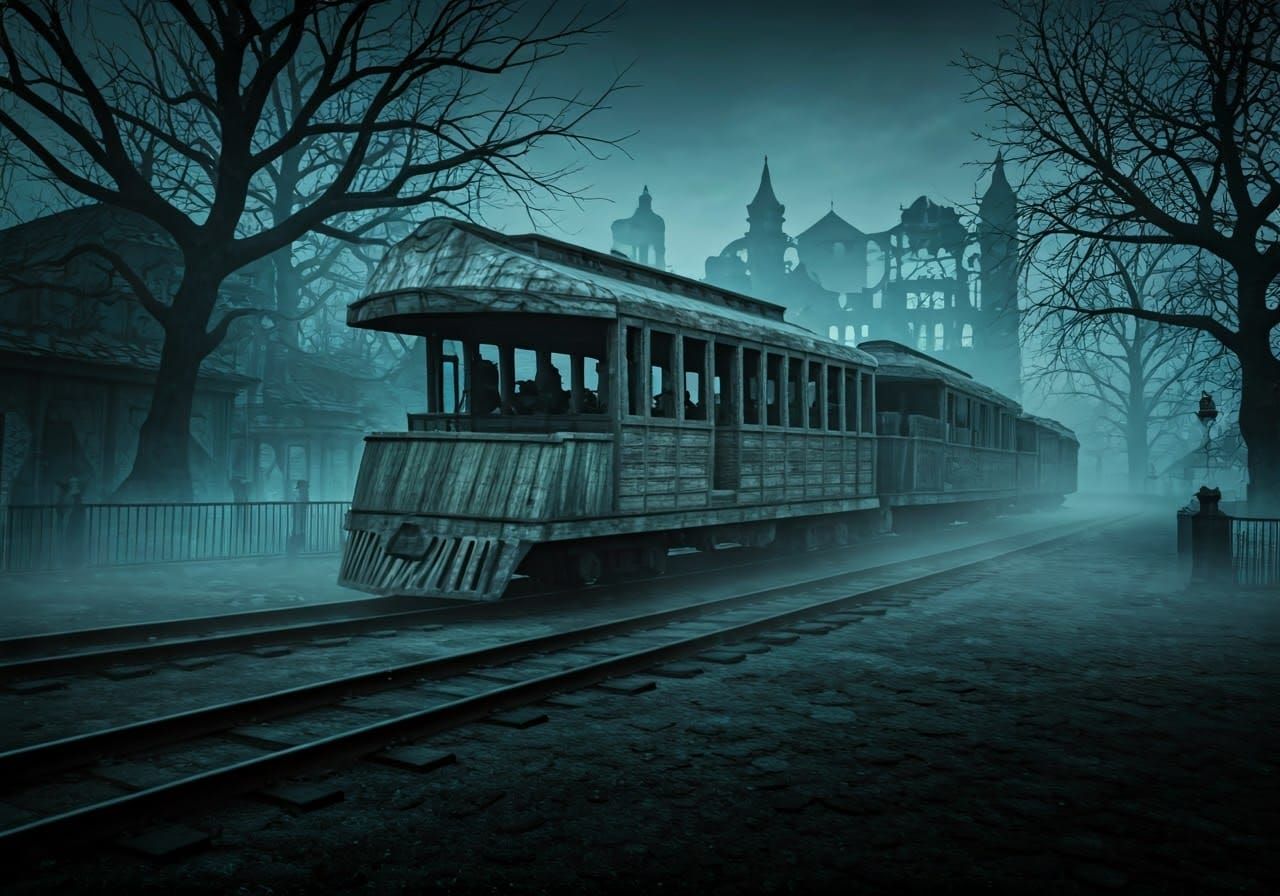 Vintage Ghost Train Speeds Through Haunted Amusement Park