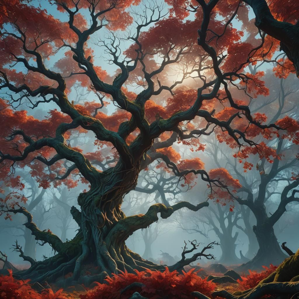 Majestic Ancient Trees with Red Leaves