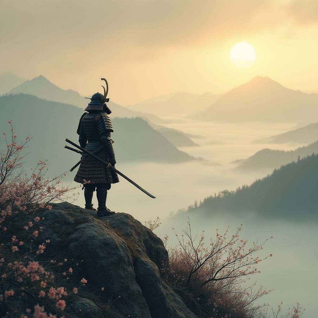 Ethereal Samurai on Windswept Mountain in Cherry Blossom Pet...