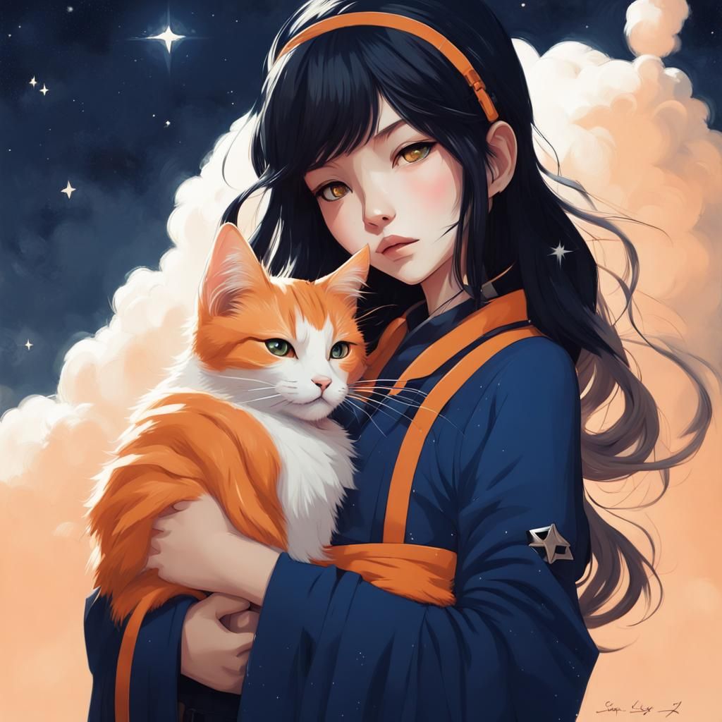 Anime Girl with Cat in Classic Portrait Style