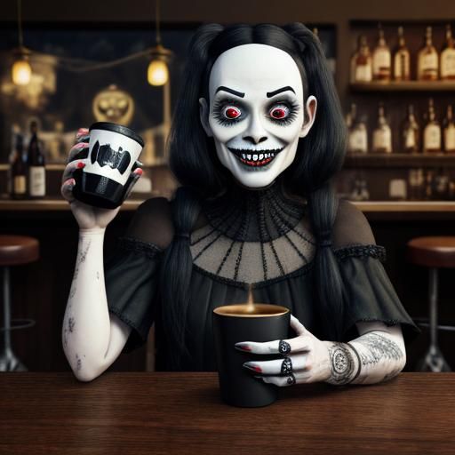 Unsettling Goth Family in Apocalyptic Wasteland Bar