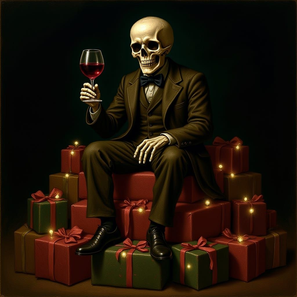 Skeleton Enjoying Wine Amidst Christmas Presents