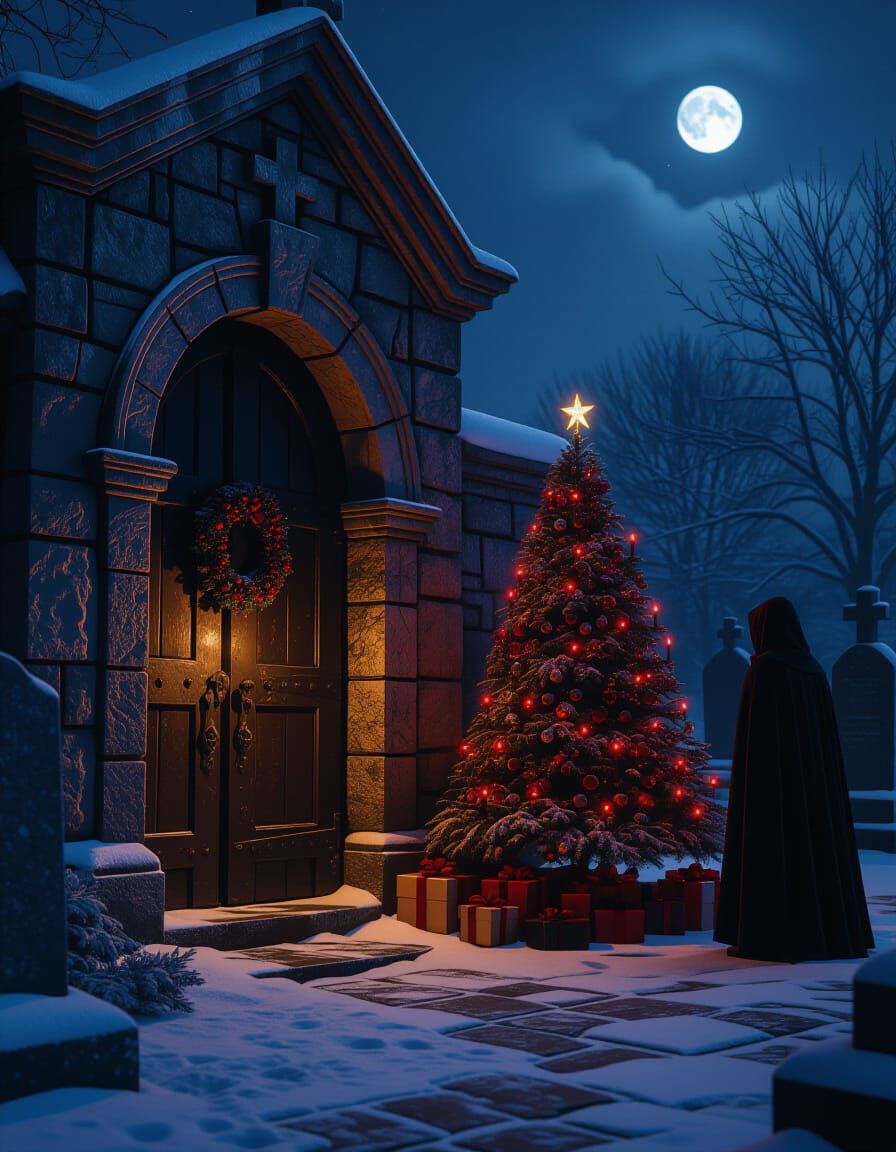 Cinematic Night Crypt Scene with Haunted Christmas Tree