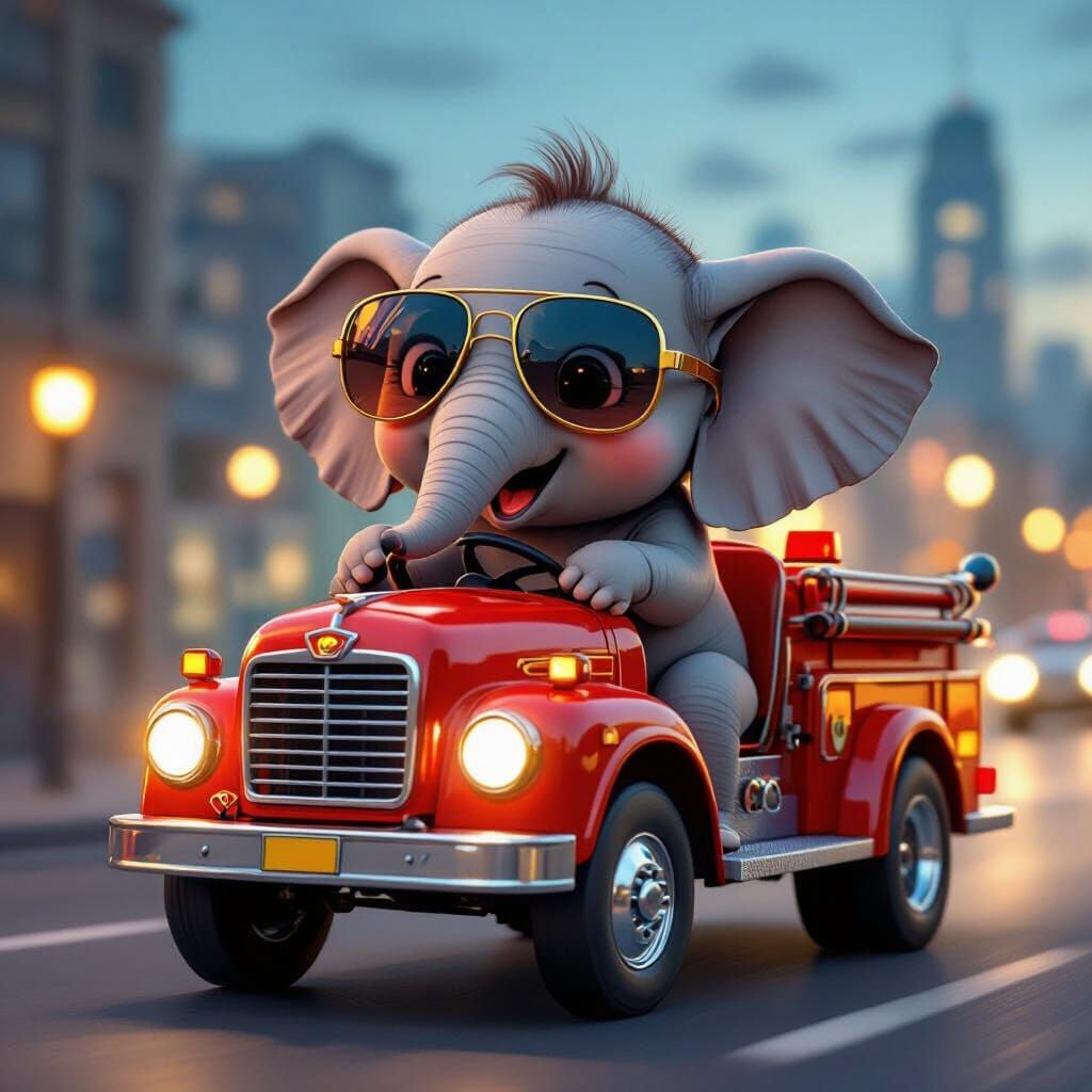 Baby Elephant Drives Firetruck in Cityscape at Dusk