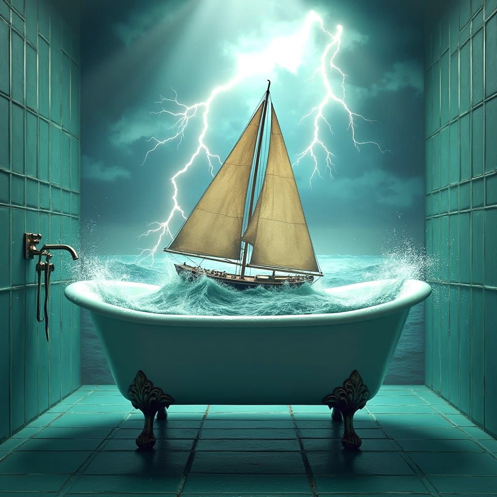 Fantastical Stormy Bathroom Scene with Resilient Sailboat