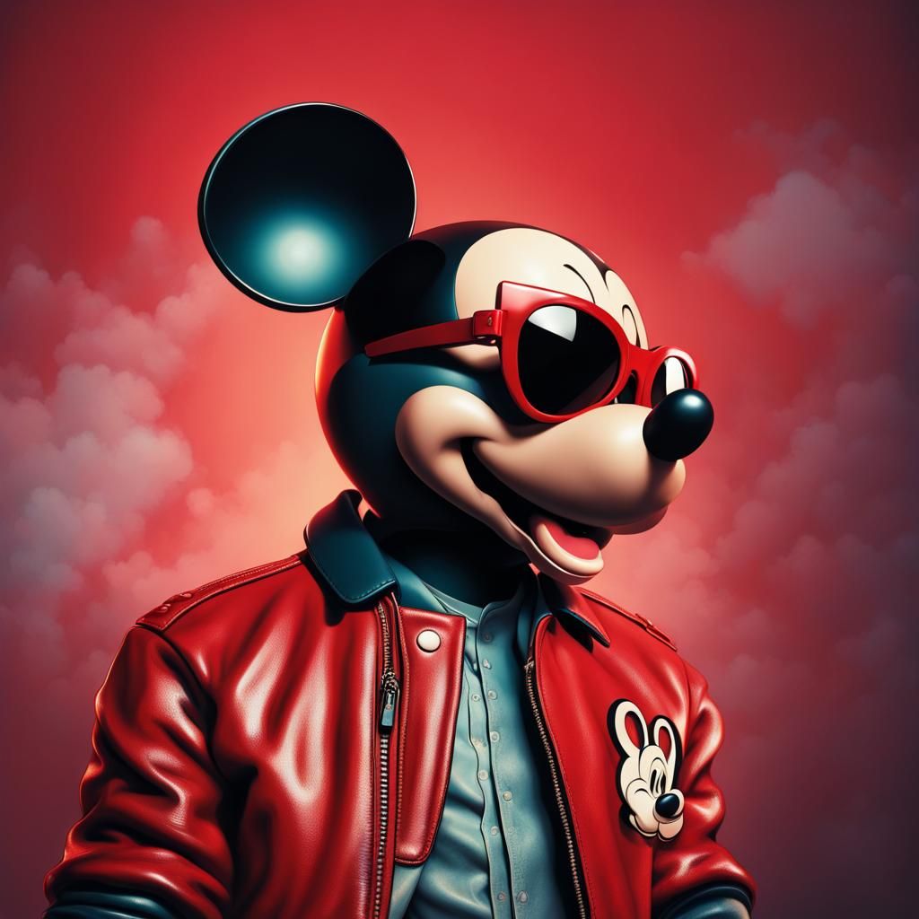Retro Mickey Mouse in Red Leather: Hyperrealistic Splash Art