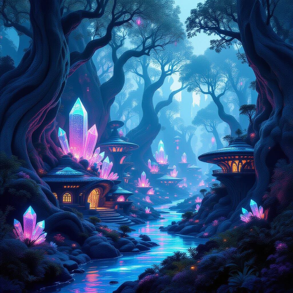 Bioluminescent Alien Village in Petrified Forest, Psychedeli...