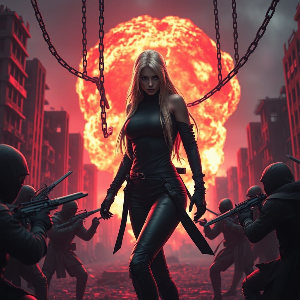 Ninja Fury: Cyberpunk Apocalypse in Fiery Explosion