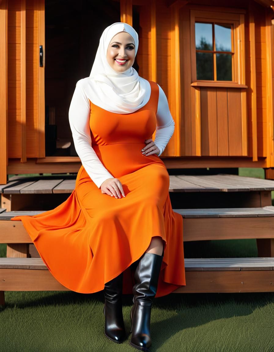 A Confident Woman in a Vibrant Orange Dress
