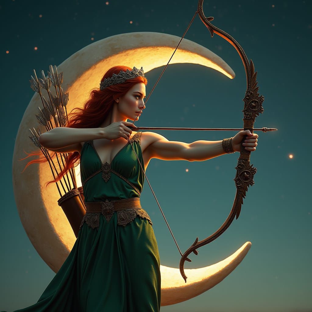 Greek Goddess Artemis Hunts Under Crescent Moon