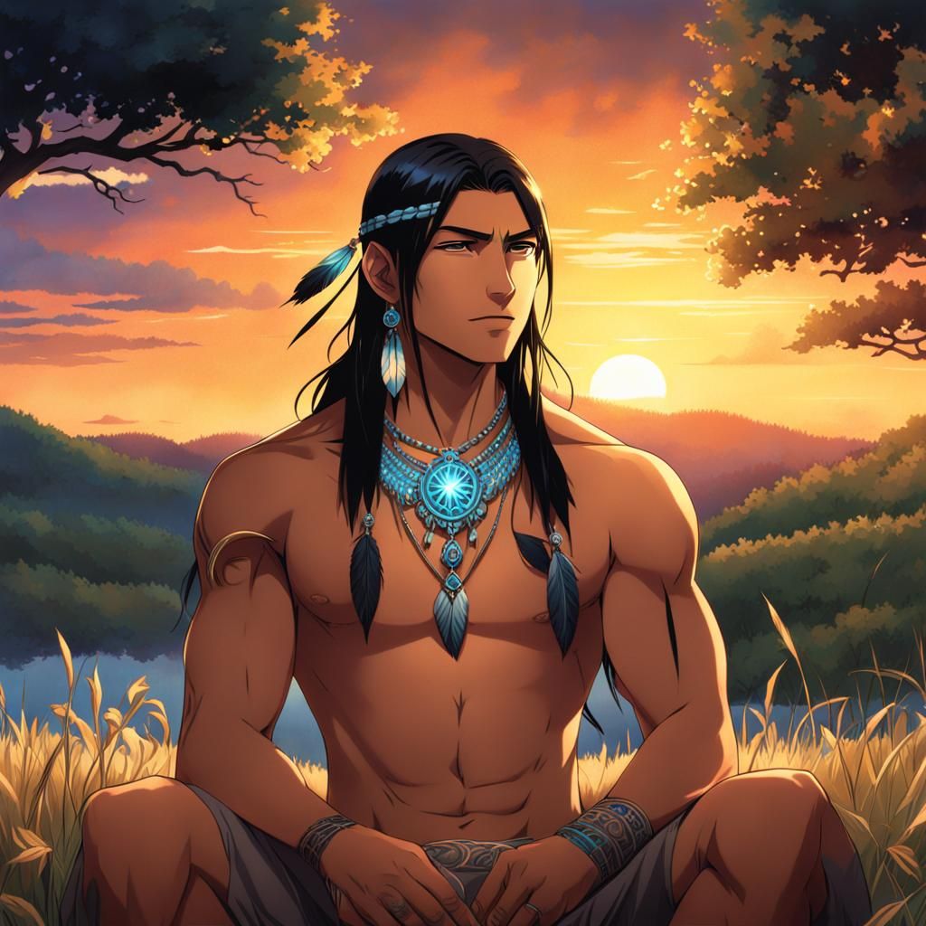 Handsome Native American Man in Anime Style