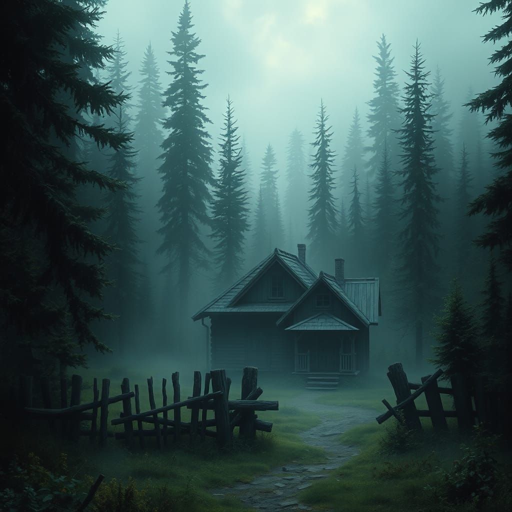 Gloomy, Creepy Huts in a Dark Fir Forest