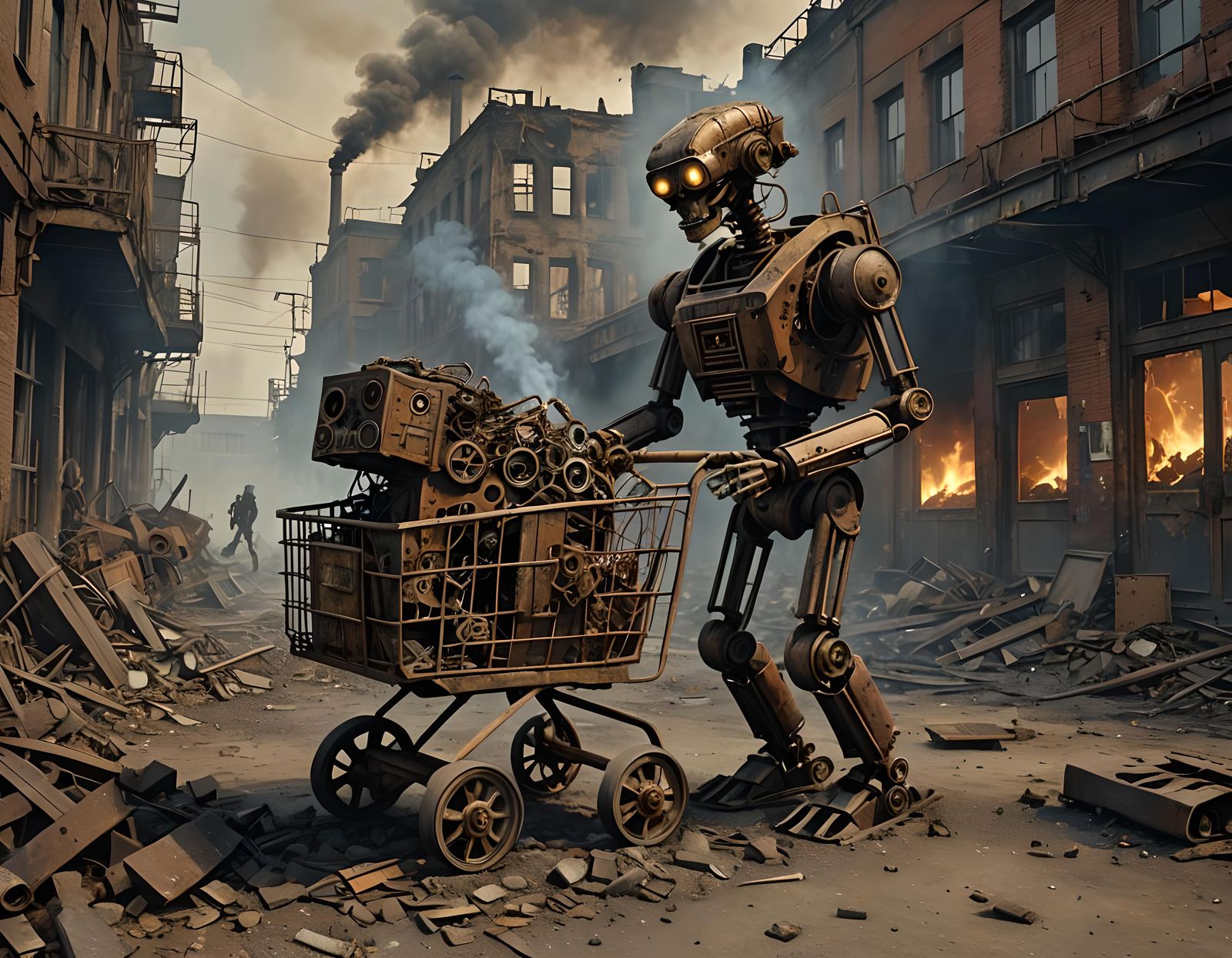 Post-Apocalyptic Steampunk Robot in Industrial Wasteland