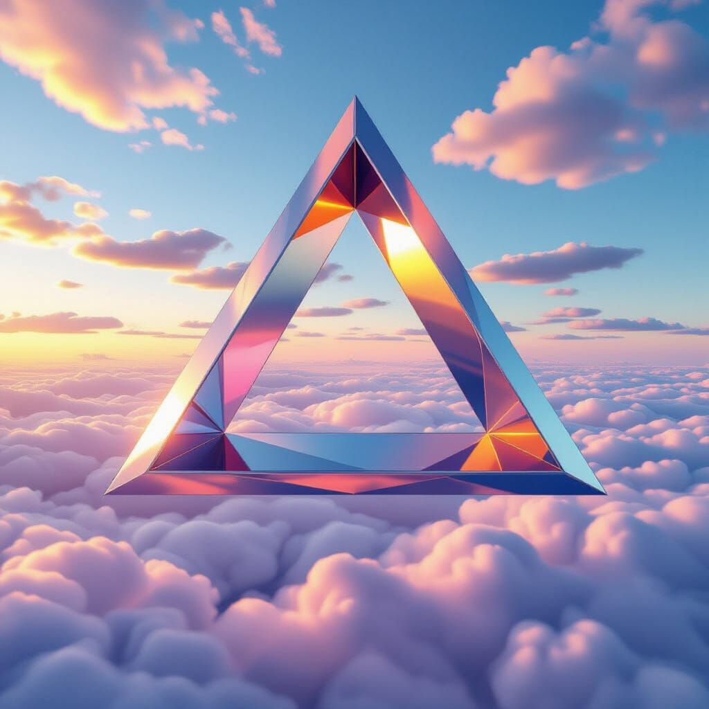 Chrome Penrose Triangles Floating Amidst Clouds