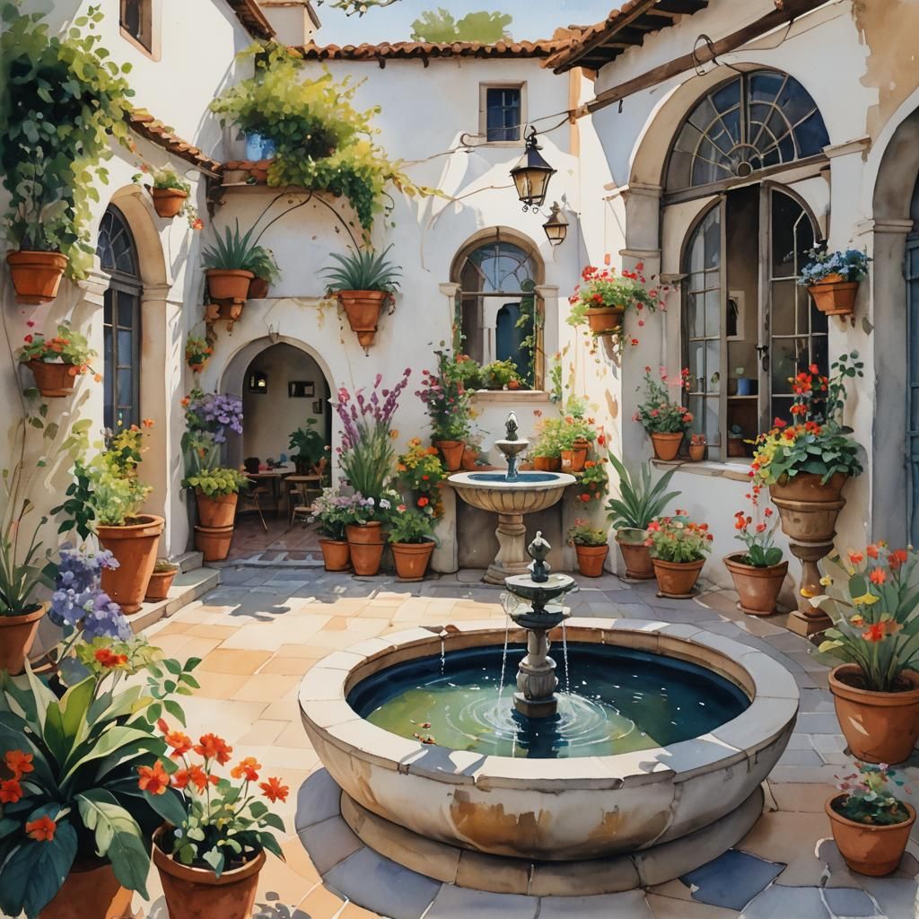 Gouache Patio with Fountain and Sparrows