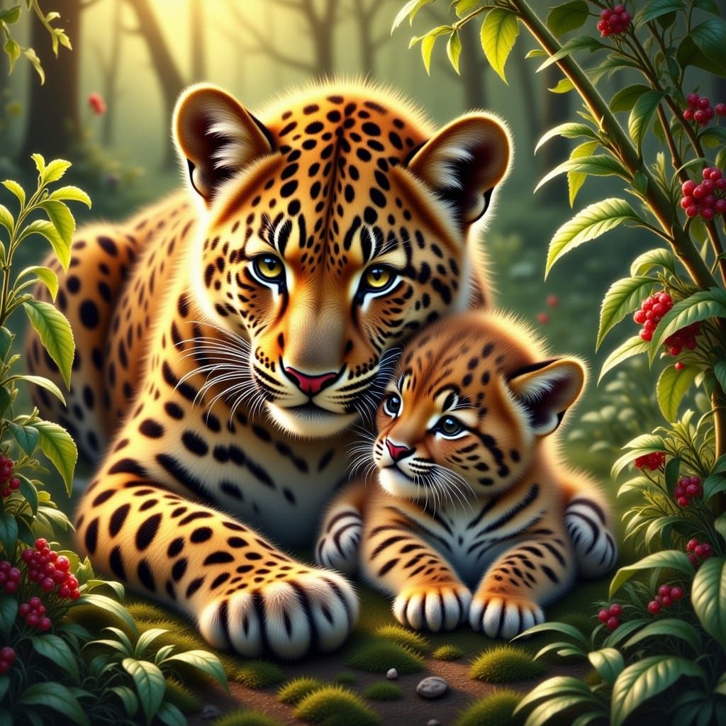 Surreal Savannah Mother and Cub in Warm Light