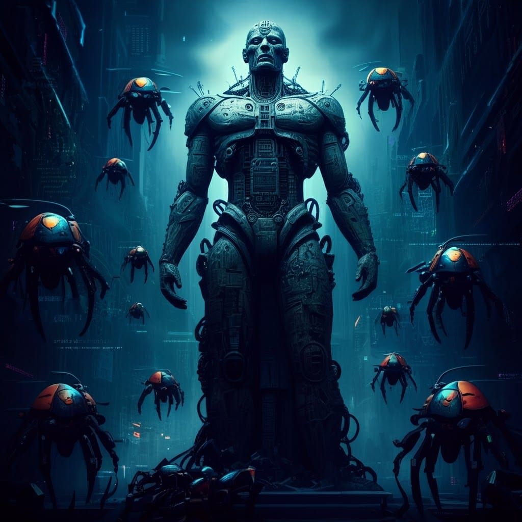 Imposing Cyborg Statue in Gritty Cyberpunk Cityscape