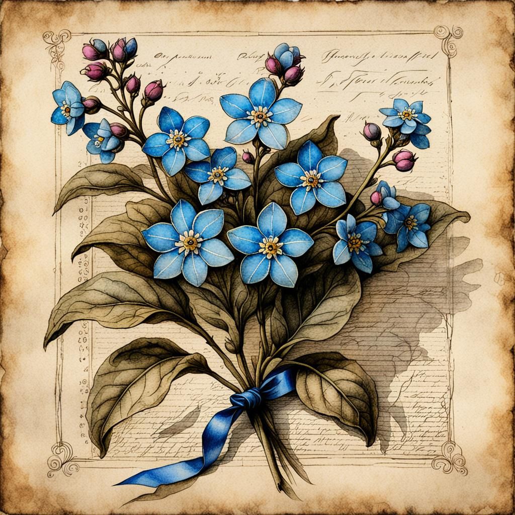 "a sprig of forget-me-not tied with a pink ribbon, painted on old faded cracked parchment in Renaissance style ink and i...