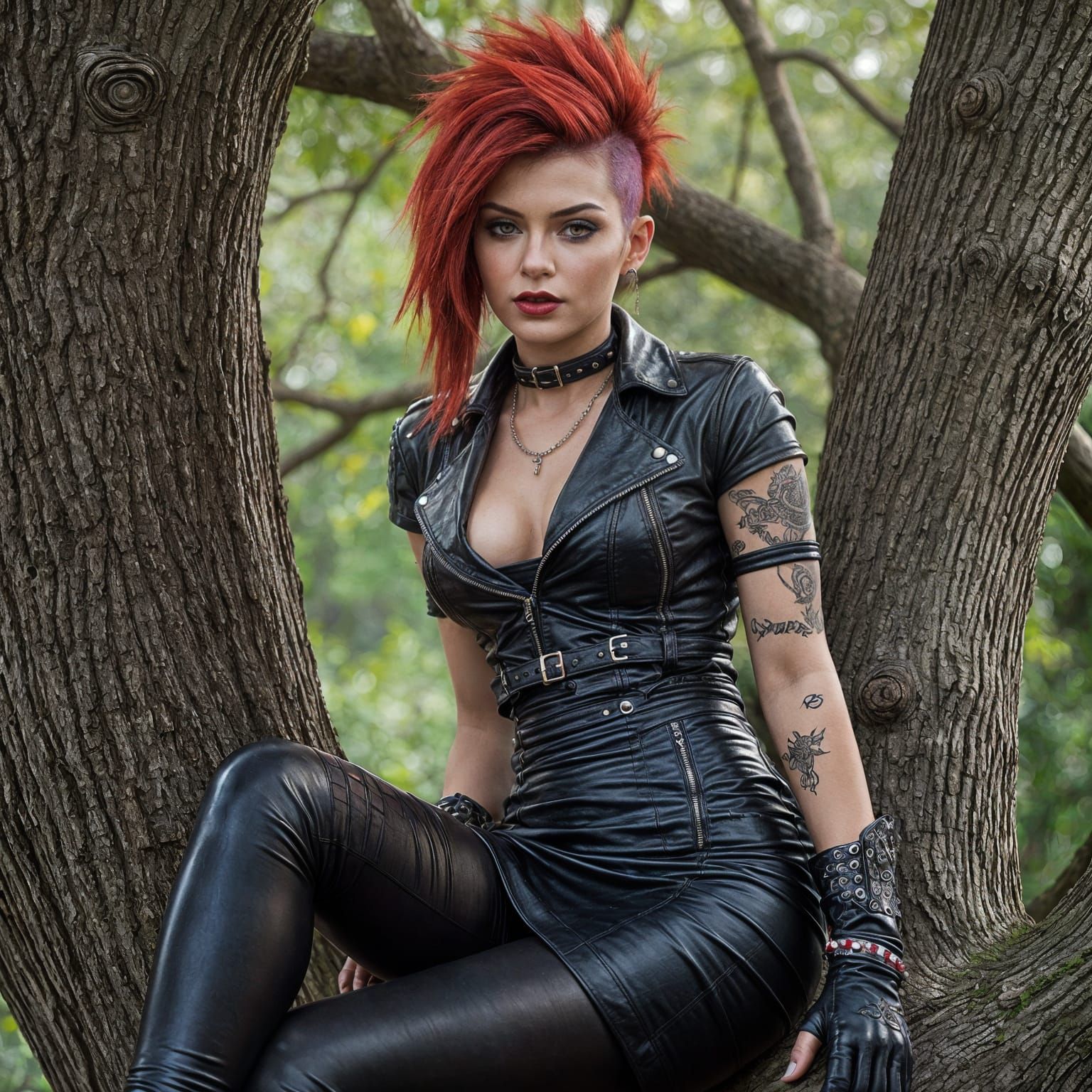 Punk Woman with Red Mohawk Sitting in a Tree