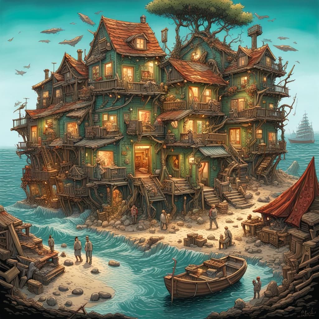 Jade Village Carved from Ship Parts: Comic Book Art