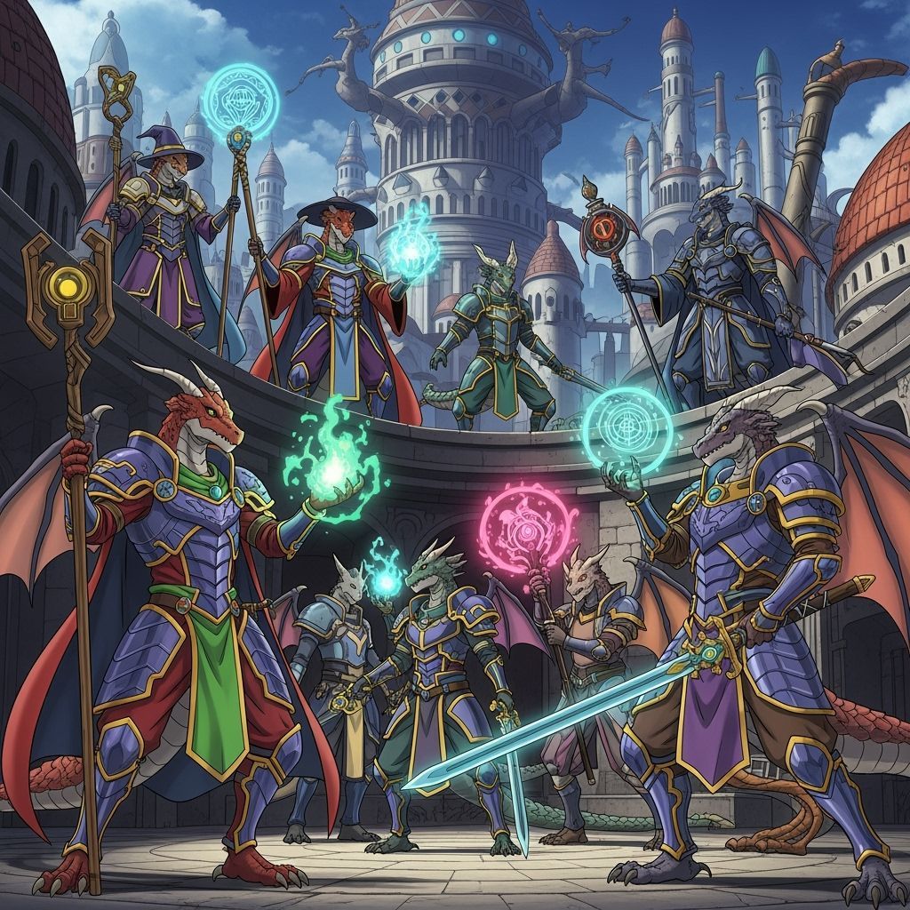 Draconic Humanoids in Opulent City, Anime Style
