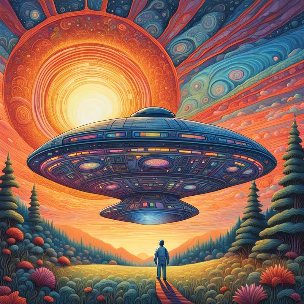 Alien Landscape with Spaceship, in Psychedelic Style