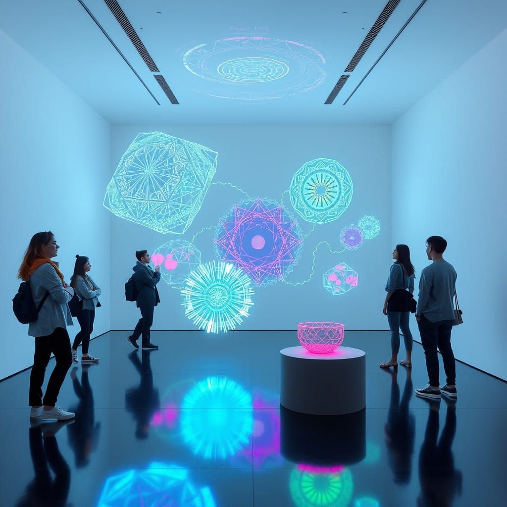 Surreal Futuristic Gallery with Holographic Art Projections....