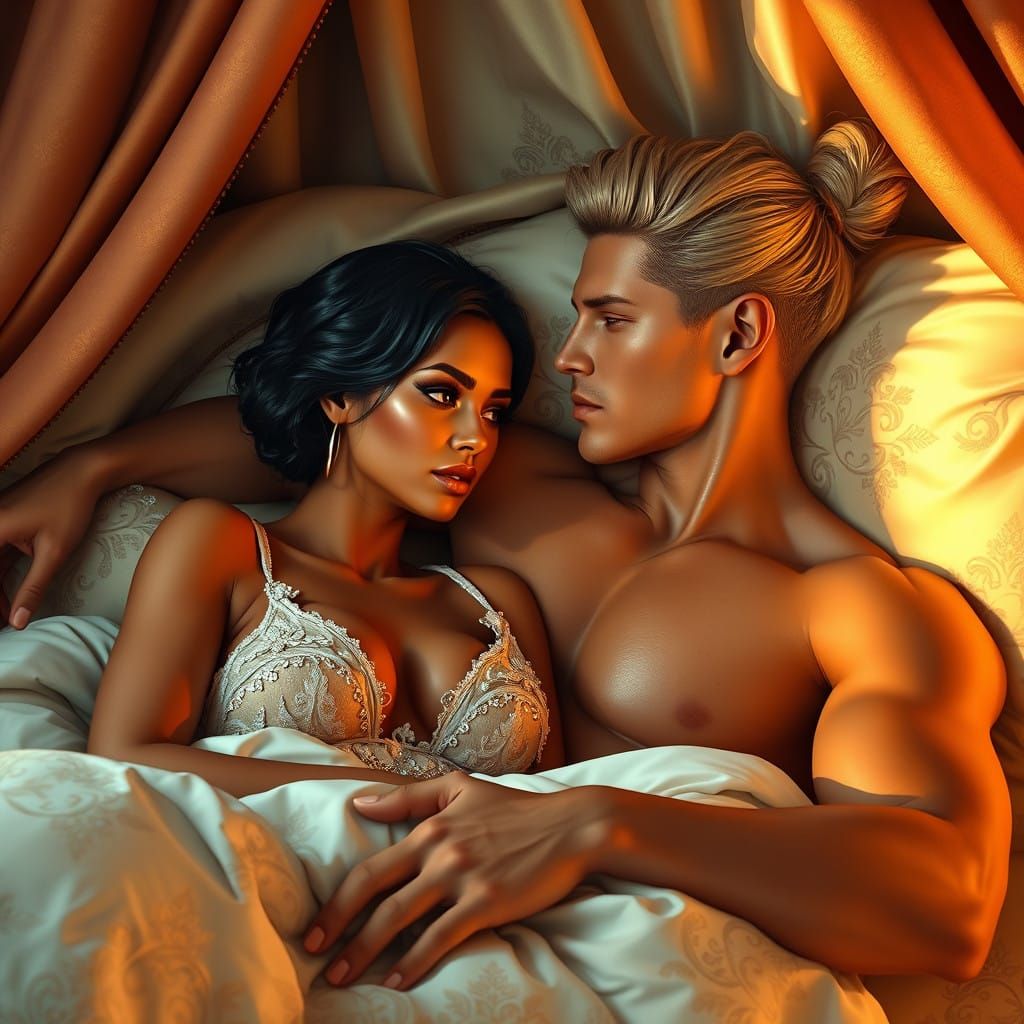 Sensual Couple in Luxurious Bed, Inspired by Hyper-Realistic...