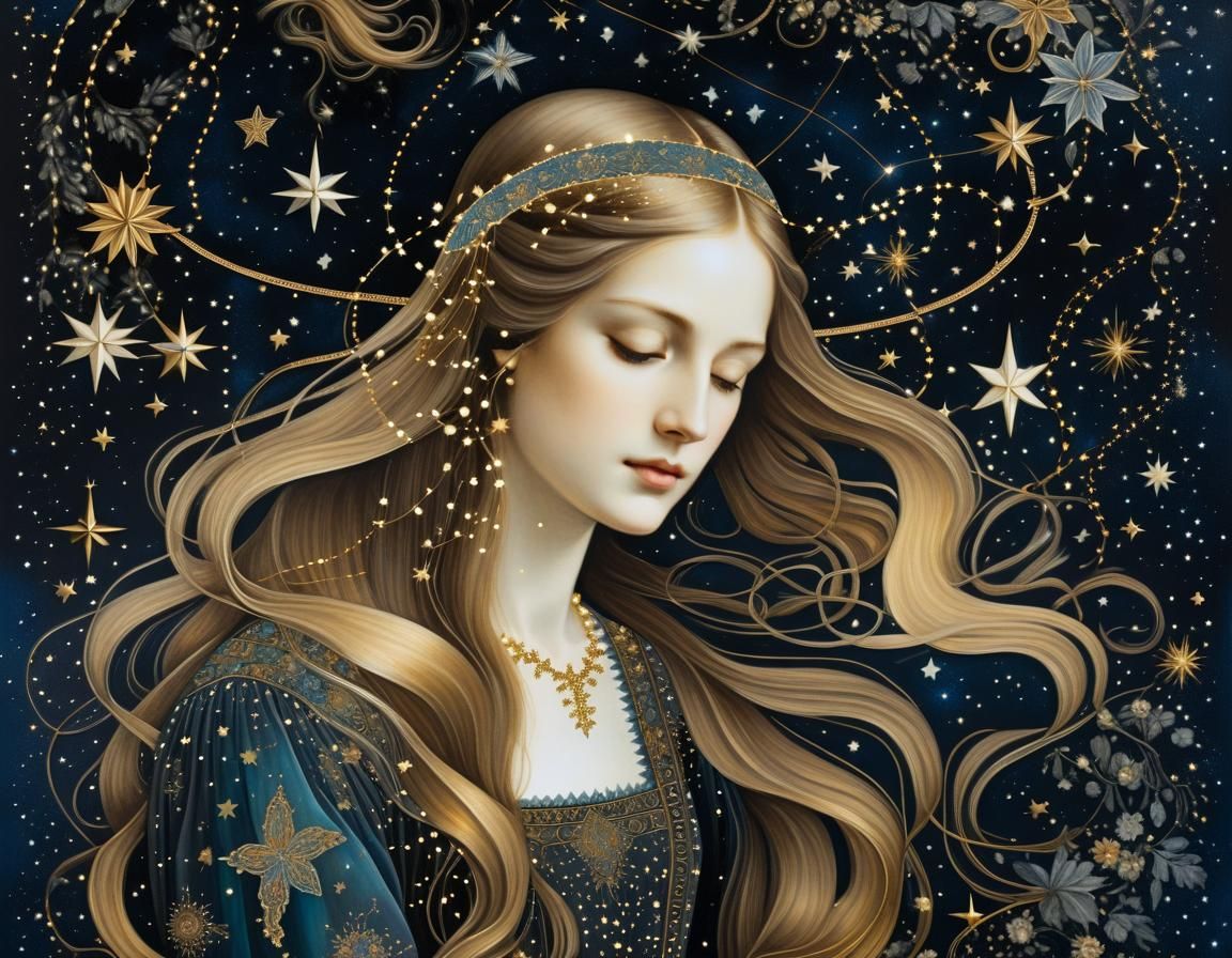 Woman in Constellations Map, Alcohol Ink Illustration