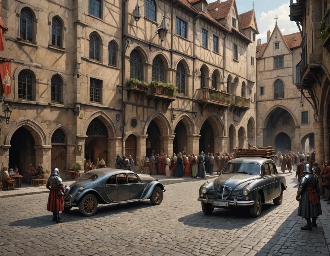 Modern Car in Medieval Town Square, Greg Rutkowski Style