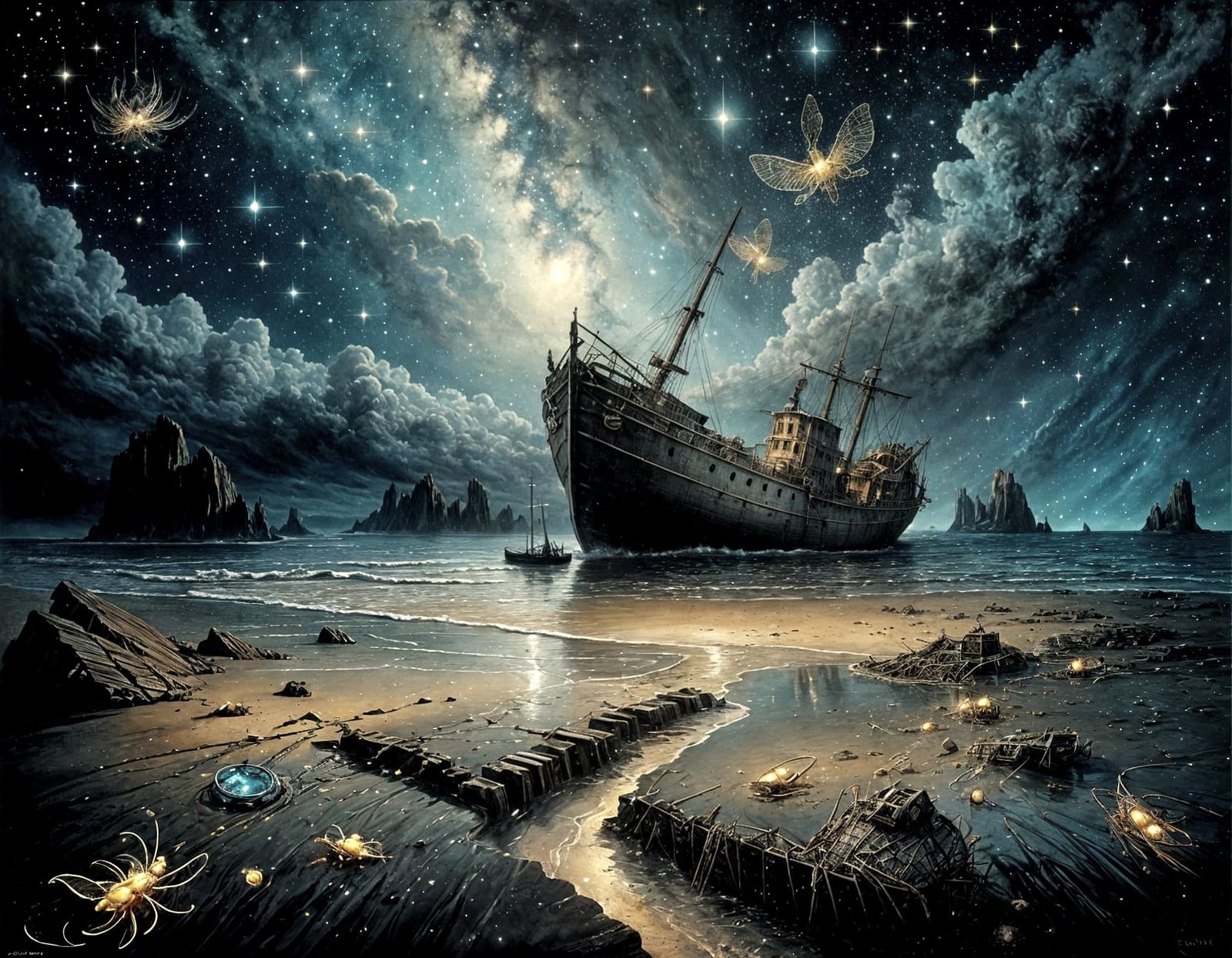 Shipwreck Illuminated by Golden Ornaments and Starry Night S...