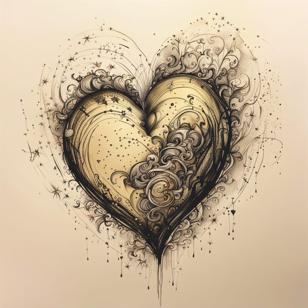 Golden Heart in Black Ink Drawing