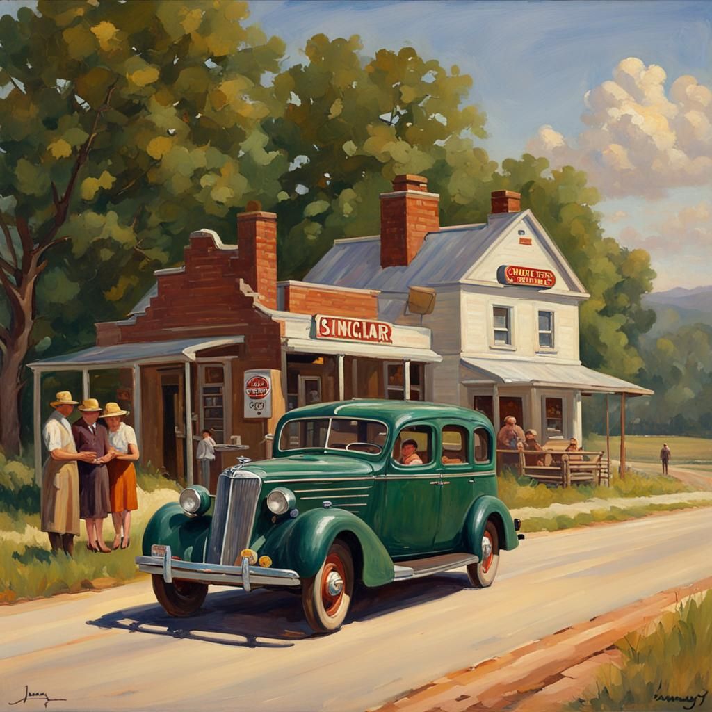 A Vintage Family Car Passes a Rural Gas Station in Oil Paint...