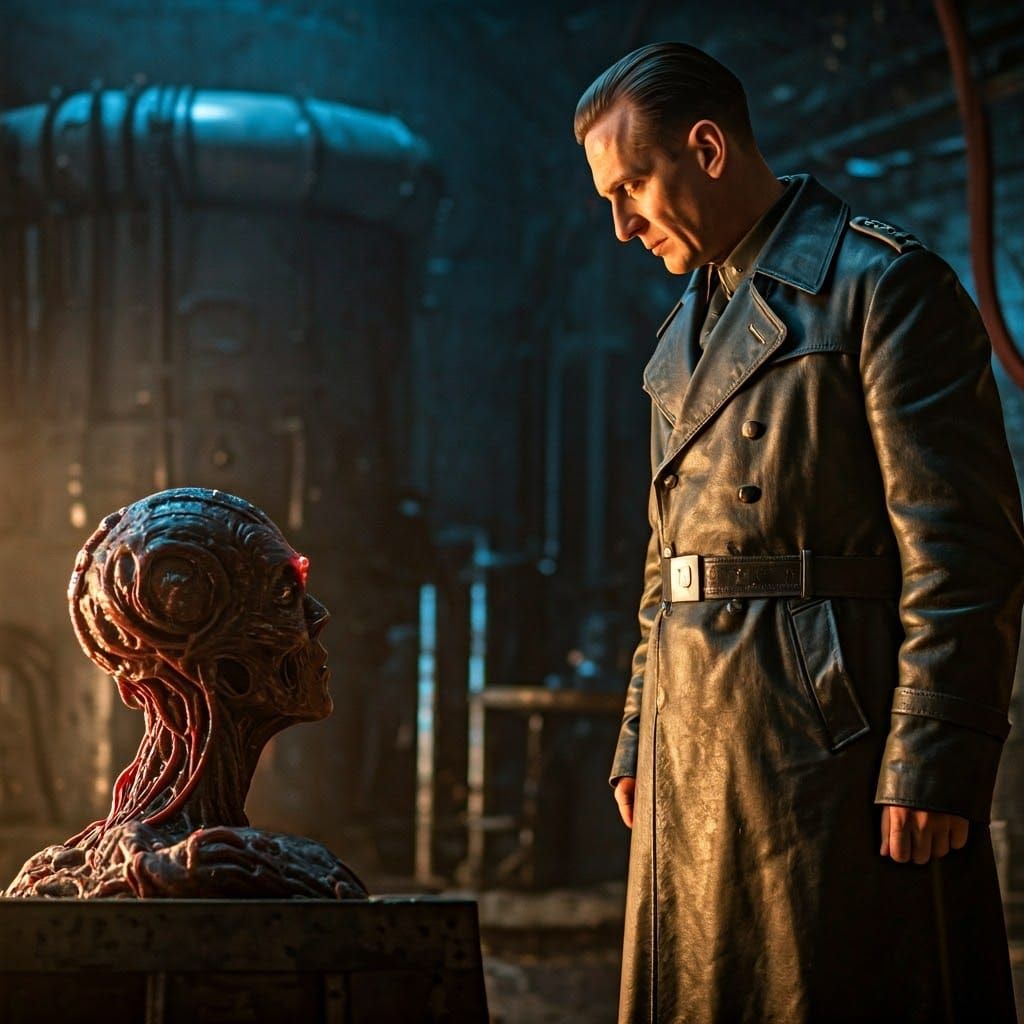 German Officer Inspects Alien Entity in Bunker