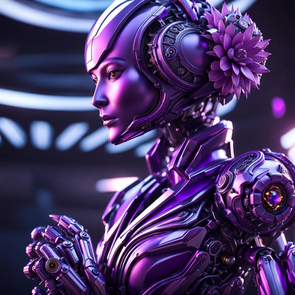 Android Holding Metal Flower in Futuristic Sci-Fi