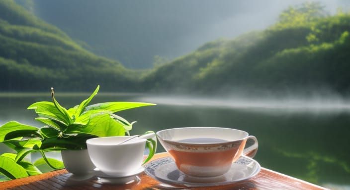 Steaming Green Tea Cup on River Veranda