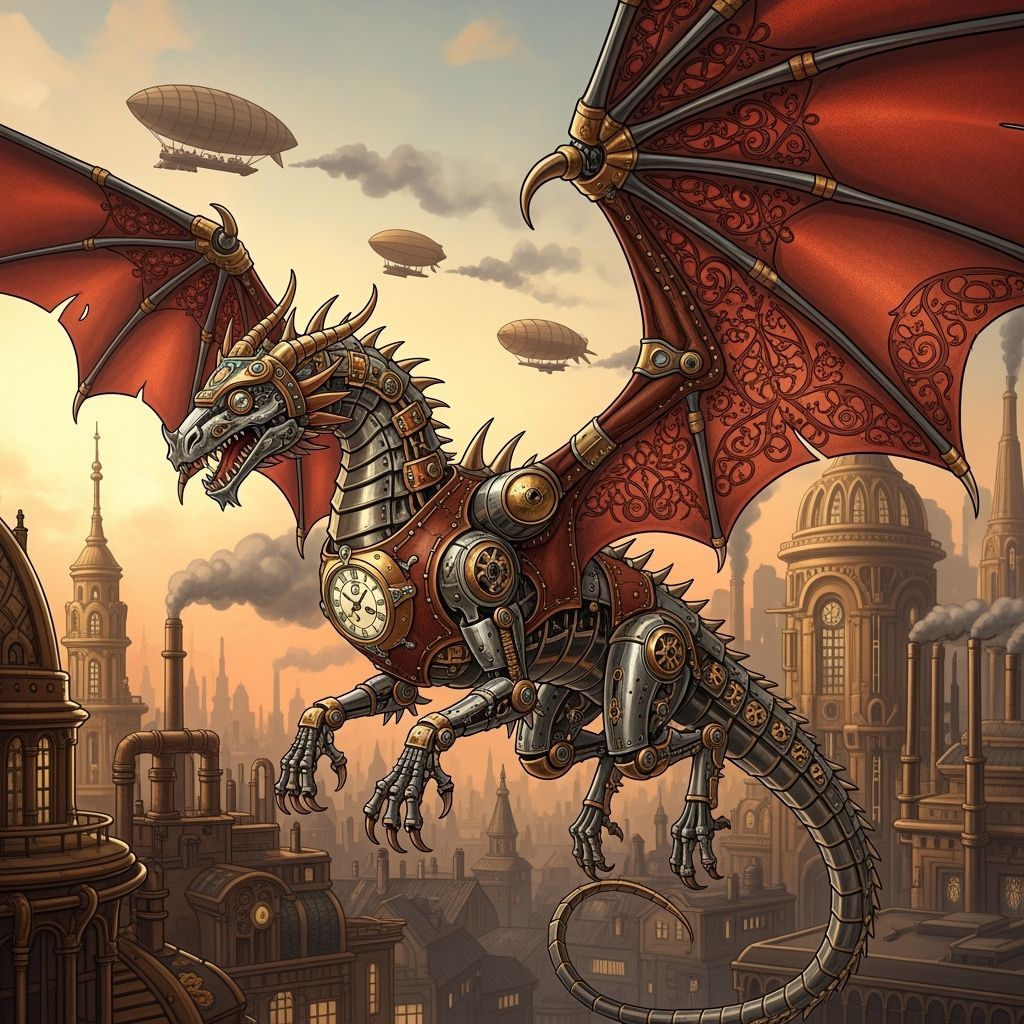 Clockwork Dragon Soaring Over Steampunk Metropolis