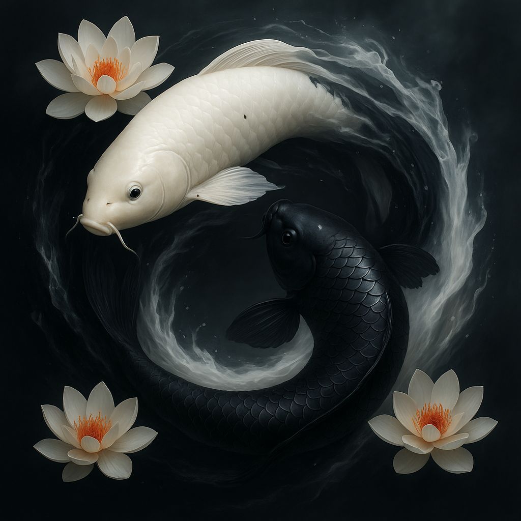 Surreal Yin-Yang Koi Fish in 3D Photorealistic Style