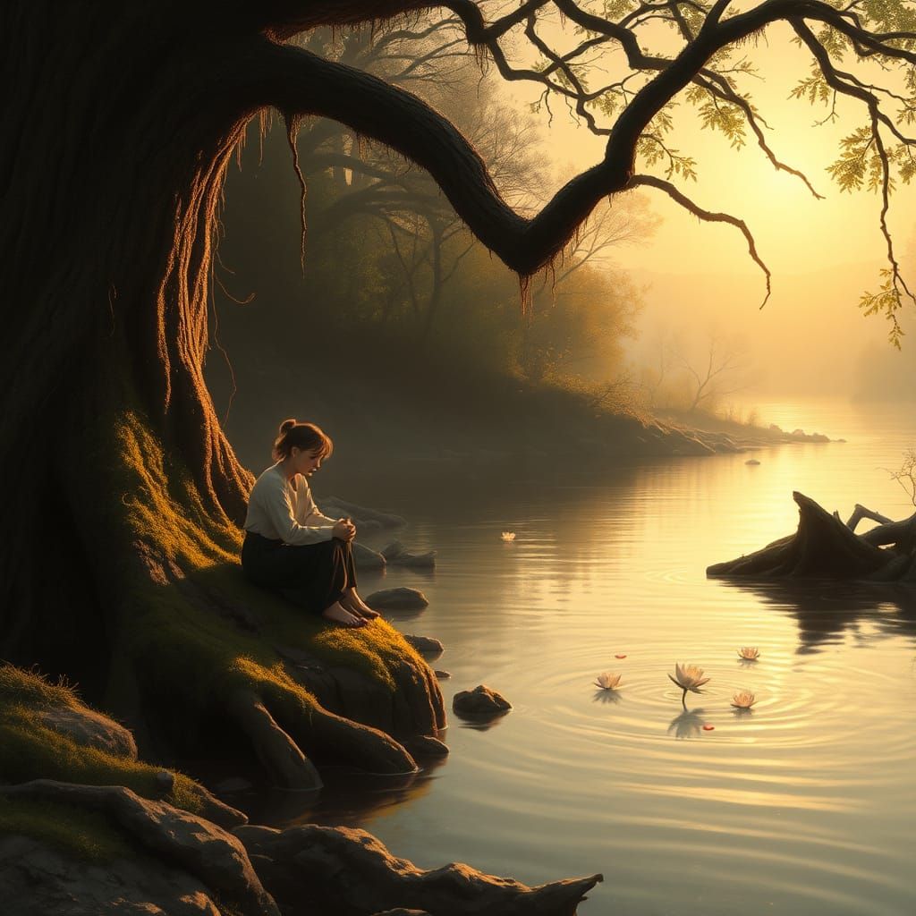 Weeping Figure by River at Sunset