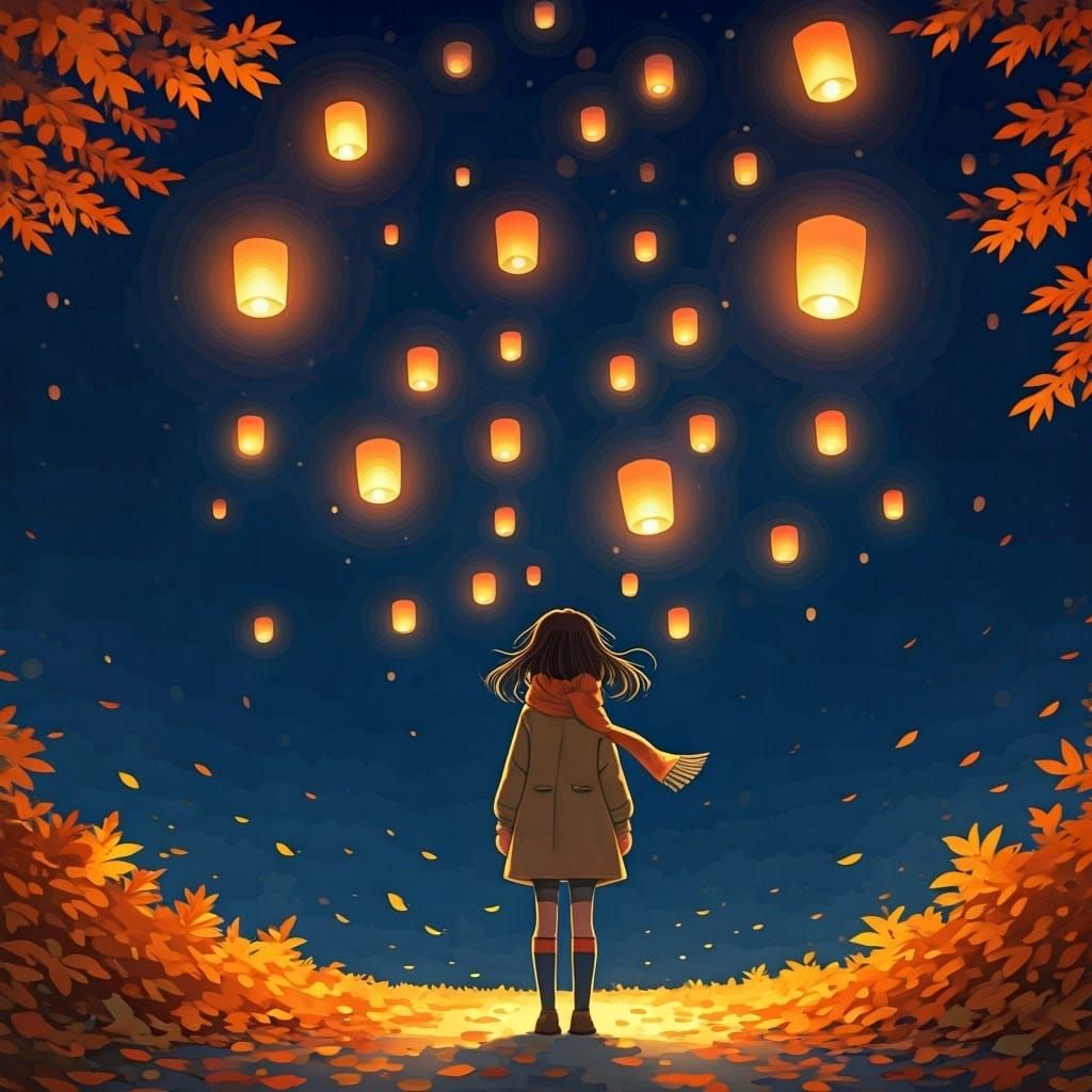 Girl Gazing at Lanterns in Watercolor Style