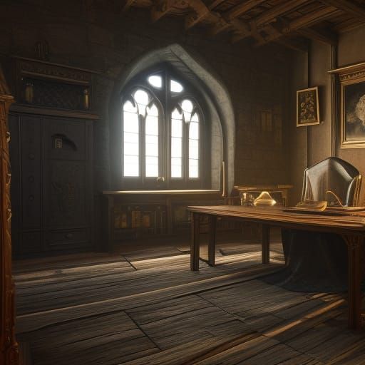 Medieval Office with Black Desk in Detailed Matte Style