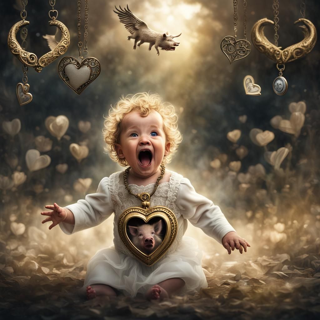 Golden Haired Baby with Wild Pig, Hyperrealistic