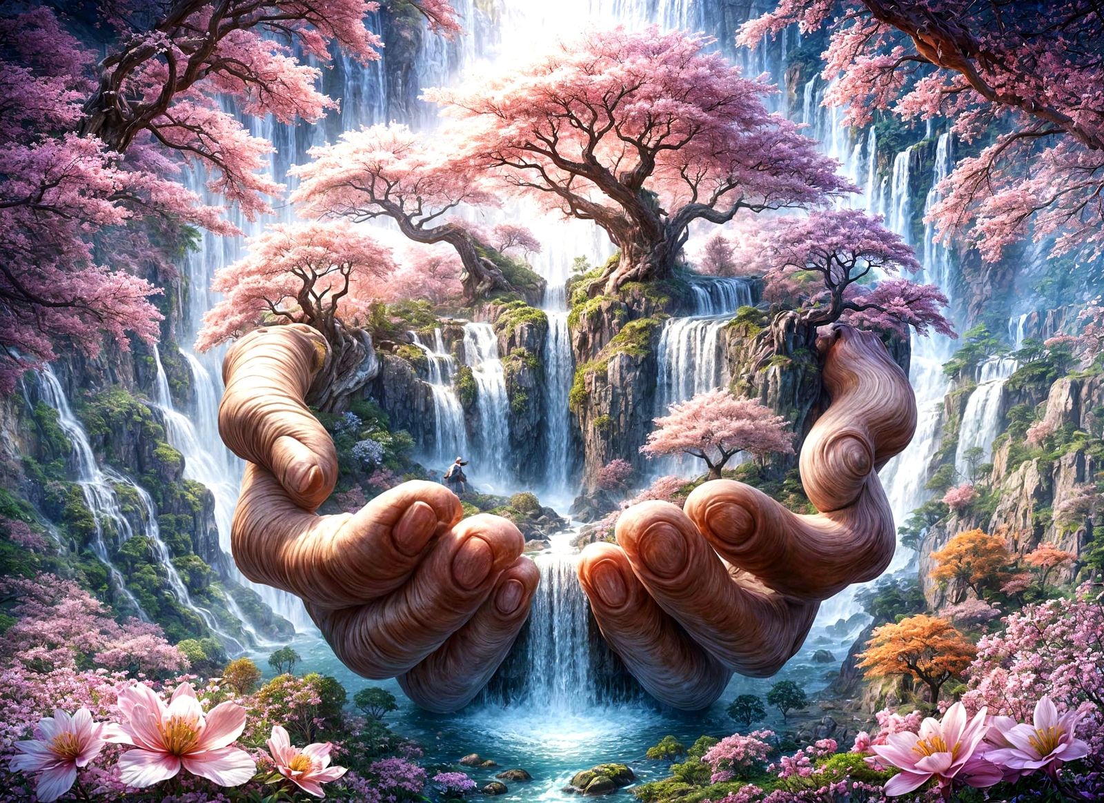Expansive Hands Hold Cherry Blossom Tree and Waterfall