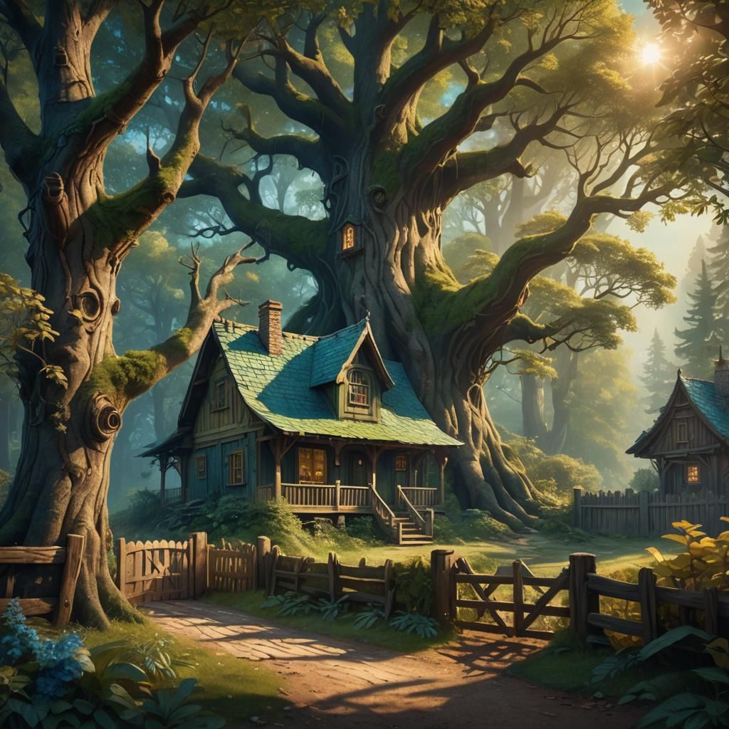 Cozy House in Forest: Whimsical Matte Painting