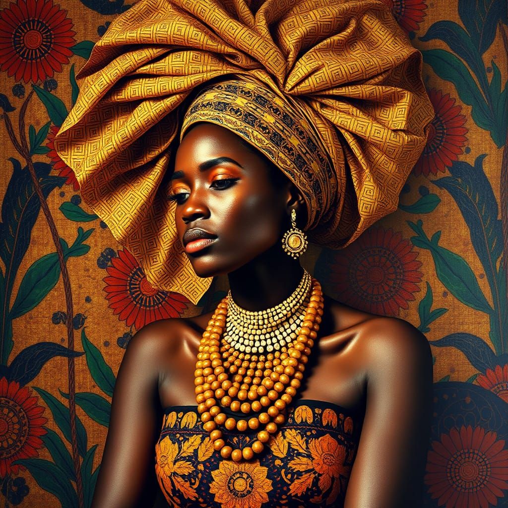 African Princess in Vibrant Golden Headdress, Lost in Though...