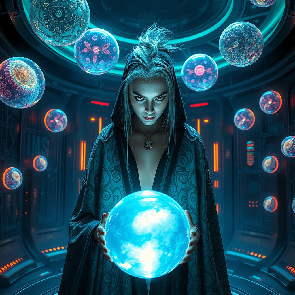 Mystic in Cyberpunk Chamber Gazing into Crystal Ball